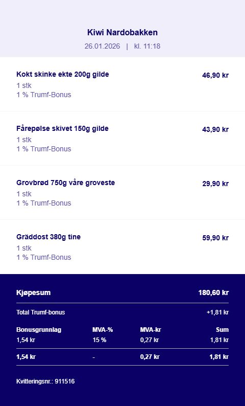 Trumf-kvittering fra KIWI Nardobakken